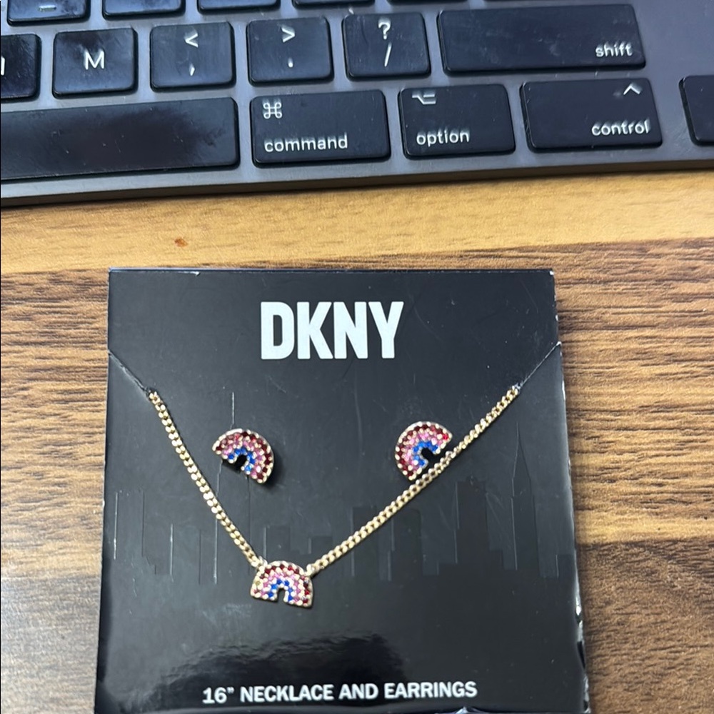DKNY Gold Necklace and Earrings Set with Red, Blue, and White Accents